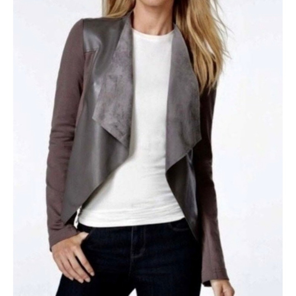 Edyson Maisha Gray Ponte Knit & Faux Leather Drape Front Jacket Women's Size‎ M